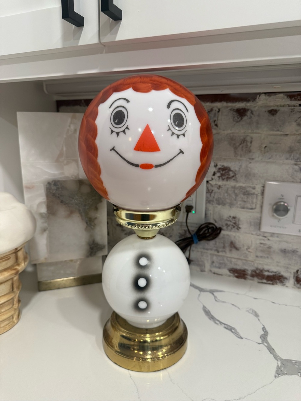 Vintage Raggedy Ann Inspired Milk Glass Face Lamp - Orange Accents